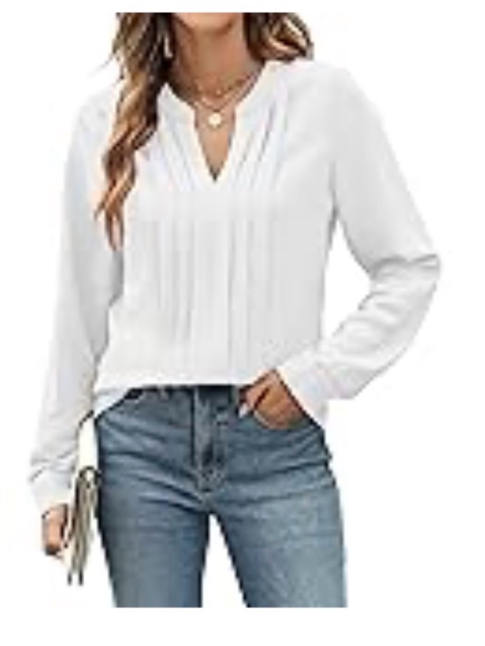 Classic White Pleated V-Neck Long-Sleeve Women's Top